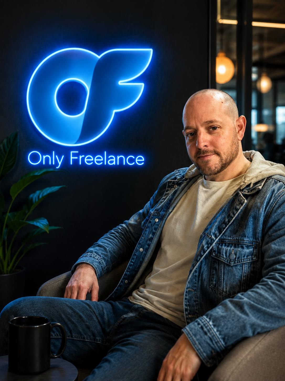 טל יגר לצד לוגו ניאון OF והכיתוב Only Freelance